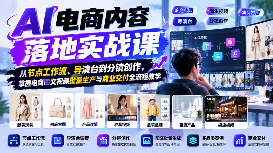 AI电商内容落地实战课：从节点工作流、导演台到分镜创作，掌握电商图文视频批量生产与商业交付全流程教学|一人科技OPC聚合软件