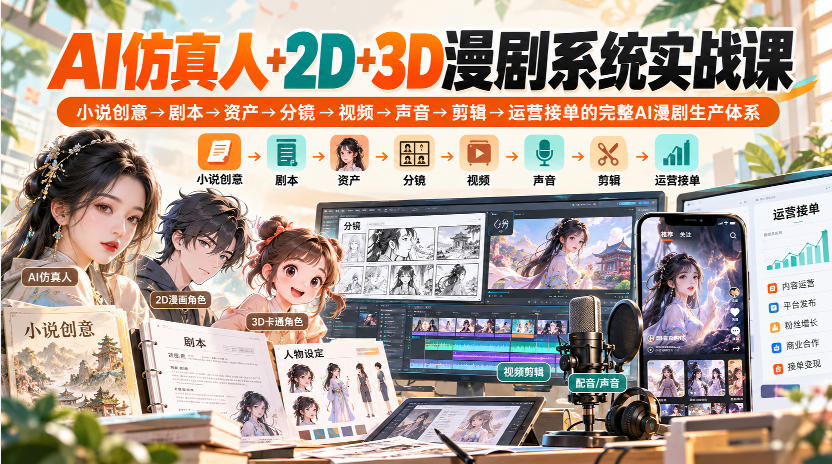 【无水印】AI仿真人+2D+3D漫剧系统实战课，小说创意→剧本→资产→分镜→视频→声音→剪辑→运营接单的完整AI漫剧生产体系|一人科技OPC聚合软件