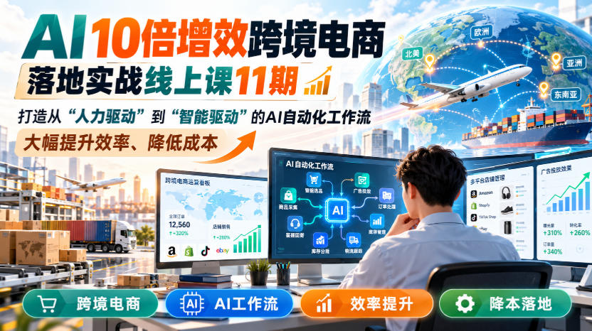 AI 10倍增效跨境电商落地实战线上课11期，打造从人力驱动到智能驱动的AI自动化工作流，大幅提升效率、降低成本|一人科技OPC聚合软件