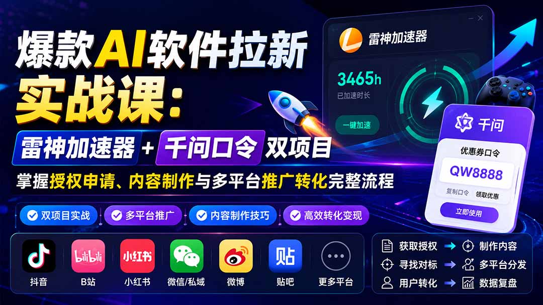 爆款AI软件拉新实战课：雷神加速器+千问口令双项目，掌握授权申请、内容制作与多平台推广转化完整流程|一人科技OPC聚合软件