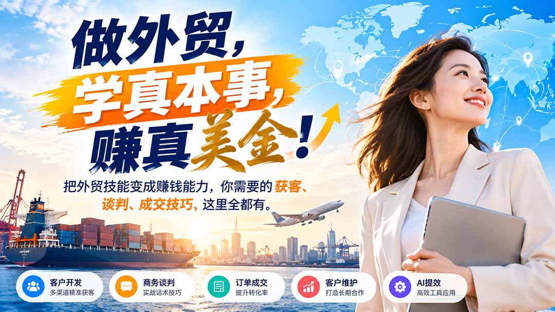 做外贸，学真本事，赚真美金！把外贸技能变成赚钱能力，你需要的获客、谈判、成交技巧，这里全都有|一人科技OPC聚合软件