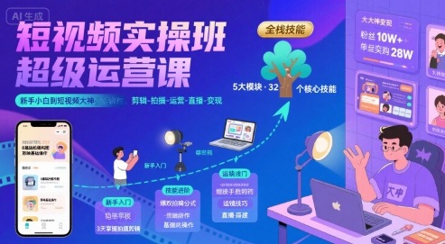 短视频实操班超级运营课，新手小白到短视频大神必修课程，剪辑-拍摄-运营-直播-变现|HOOK协议网