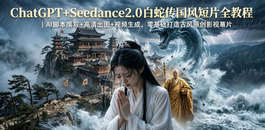 ChatGPT+Seedance2.0白蛇传国风短片全教程｜AI脚本撰写+高清出图+视频生成，零基础打造古风原创影视短片|一人科技公司导航