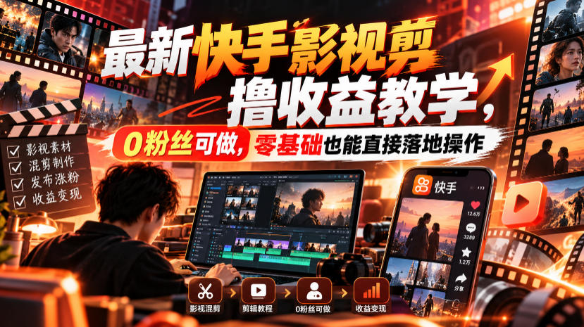 最新快手影视混剪撸收益教学，0粉丝可做，零基础也能直接落地操作|一人科技OPC聚合软件