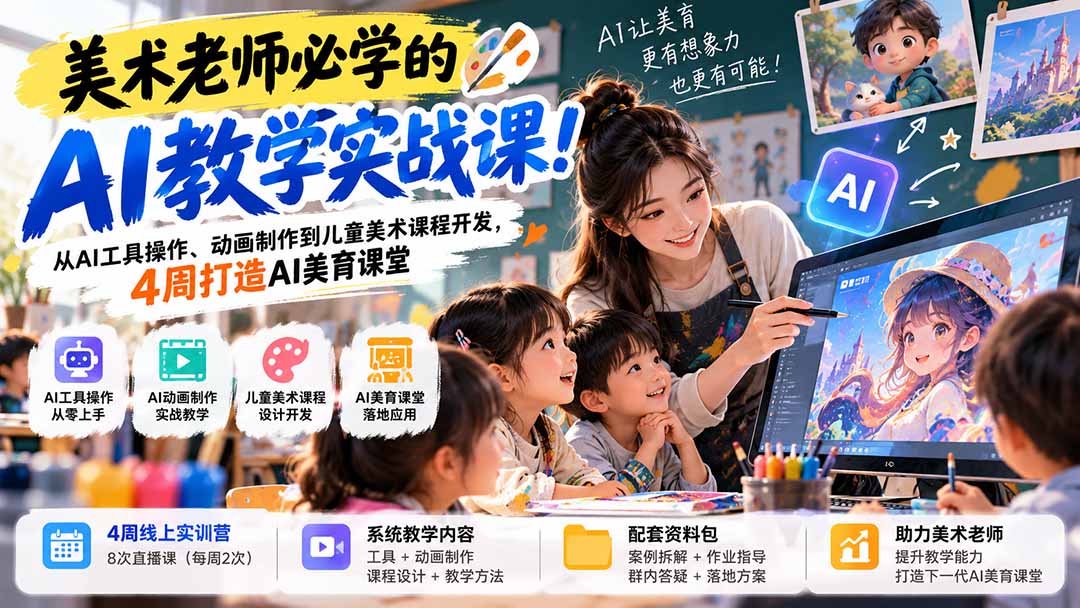 美术老师必学的AI教学实战课！从AI工具操作、动画制作到儿童美术课程开发，4周打造AI美育课堂|一人科技OPC聚合软件