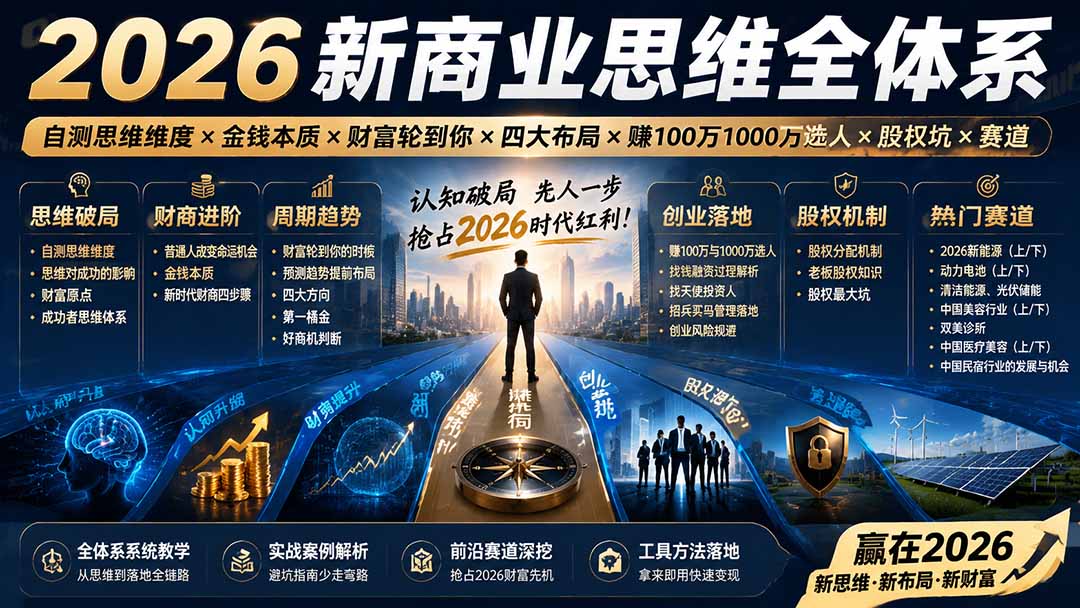 2026新商业思维全体系：自测思维维度×金钱本质×财富轮到你×四大布局×赚100万1000万选人×股权坑×赛道|一人科技OPC聚合软件