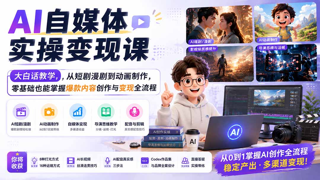AI自媒体实操变现课｜大白话教学，从短剧漫剧到动画制作，零基础也能掌握爆款内容创作与变现全流程|一人科技OPC聚合软件