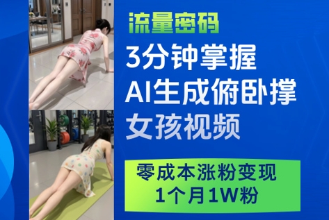 3分钟掌握AI生成俯卧撑女孩视频，零成本涨粉变现，1个月1W粉|HOOK协议网