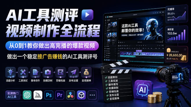 AI工具测评视频制作全流程，从0到1教你做出高完播的爆款视频，做出一个稳定接广告賺钱的AI工具测评号|一人科技OPC聚合软件
