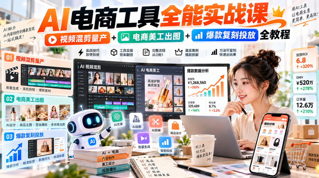 AI电商工具全能实战教学，视频混剪量产+电商美工出图+爆款复刻投放全教程​|一人科技OPC聚合软件