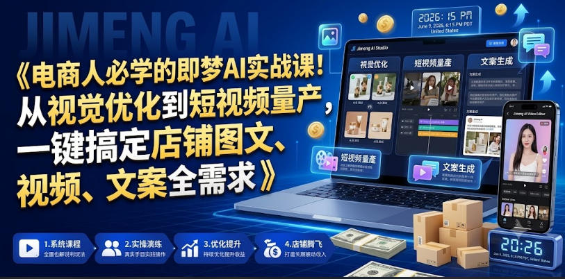 电商人必学的即梦AI实战课！从视觉优化到短视频量产，一键搞定店铺图文、视频、文案全需求|一人科技公司导航