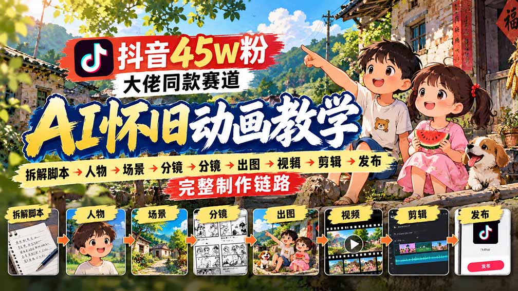 抖音45W粉大佬同款赛道AI怀旧动画教学：拆解脚本→人物→场景→分镜→出图→视频→剪辑→发布完整制作链路|一人科技OPC聚合软件