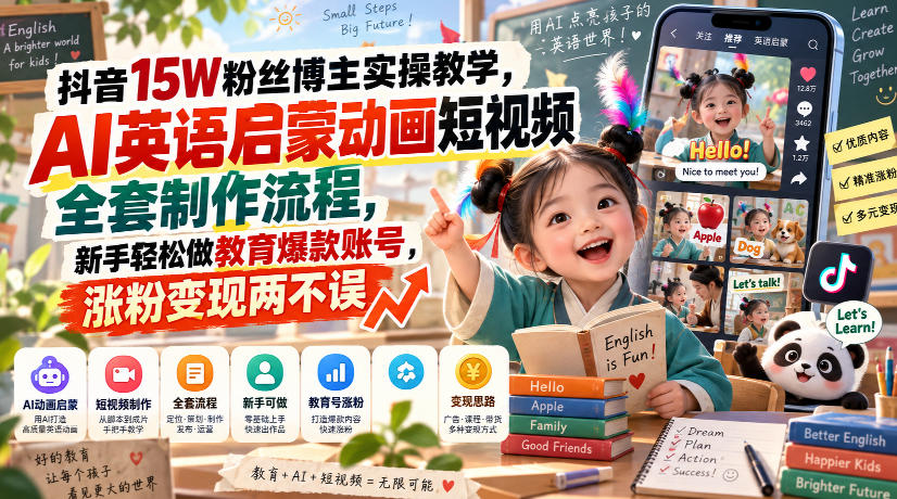 抖音15W粉丝博主实操教学，AI英语启蒙动画短视频全套制作流程，新手轻松做教育爆款账号，涨粉变现两不误|一人科技OPC聚合软件