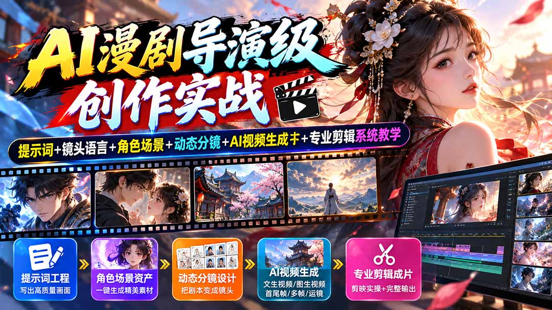 AI漫剧导演级创作实战：提示词+镜头语言+角色场景+动态分镜+AI视频生成+专业剪辑系统教学|一人科技OPC聚合软件