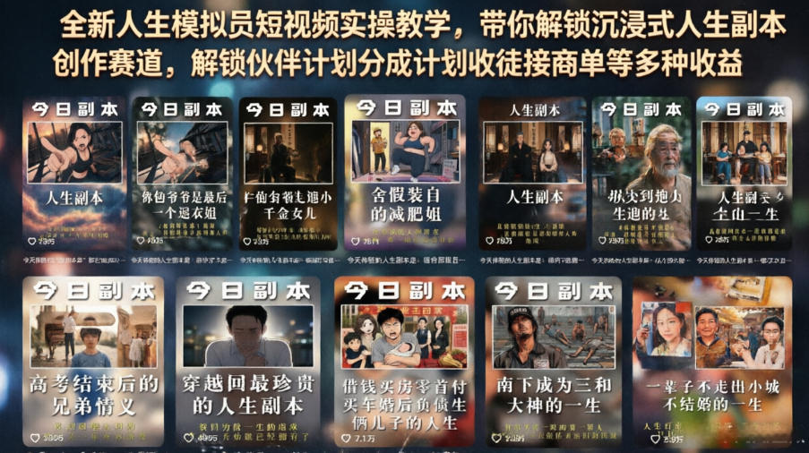 全新人生模拟员短视频实操教学，带你解锁沉浸式人生副本创作赛道，解锁伙伴计划分成计划收徒接商单等多种收益|一人科技OPC聚合软件
