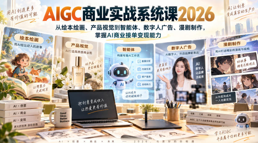 AIGC商业实战系统课2026，从绘本绘画、产品视觉到智能体、数字人广告、漫剧制作，掌握AI商业接单变现能力|一人科技OPC聚合软件