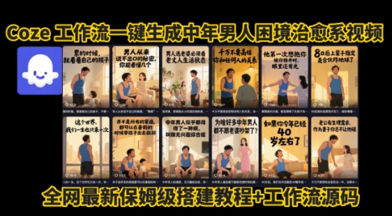 coze工作流一键生成”中年男人困境扎心高涨粉高播放量图文视频”保姆级拆解教程，无需剪辑，无需拍摄写文案|HOOK协议网