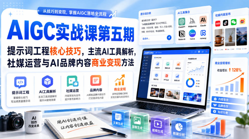 刺猬星球·AIGC实战课第五期，提示词工程核心技巧，主流AI工具解析，社媒运营与AI品牌内容商业变现方法|一人科技OPC聚合软件