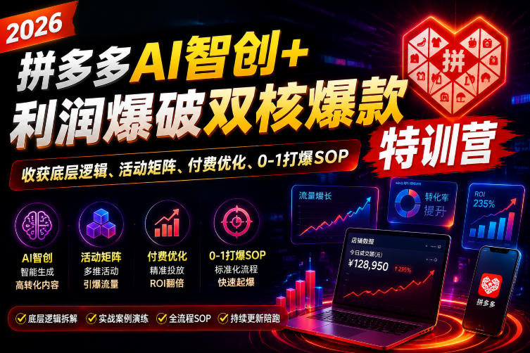 2026拼多多AI智创+利润爆破双核爆款特训营，收获底层逻辑、活动矩阵、付费优化、0-1打爆SOP|一人科技OPC聚合软件