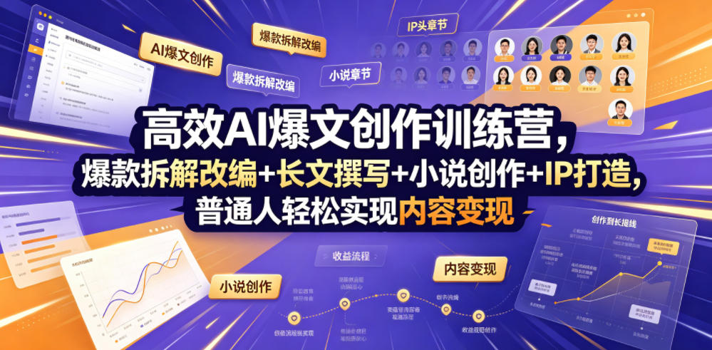 高效AI爆文创作训练营，爆款拆解改编+长文撰写+小说创作+IP打造，普通人轻松实现内容变现|一人科技公司导航