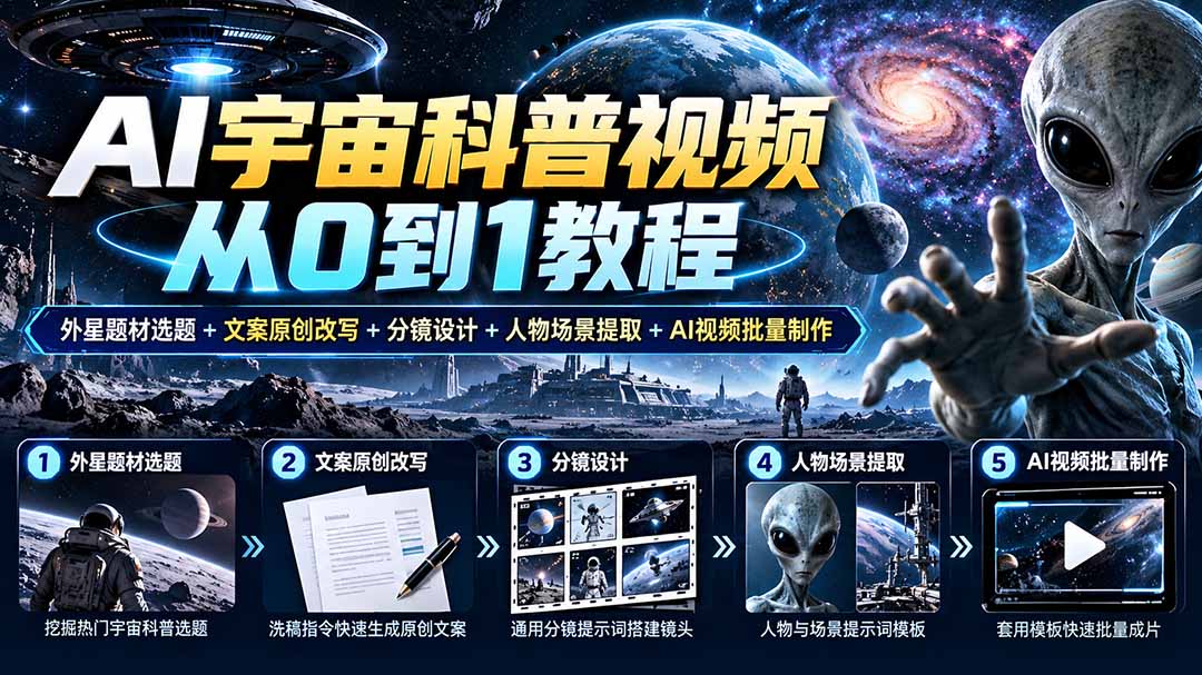AI宇宙科普视频从0到1教程｜外星题材选题+文案原创改写+分镜设计+人物场景提取+AI视频批量制作|一人科技OPC聚合软件