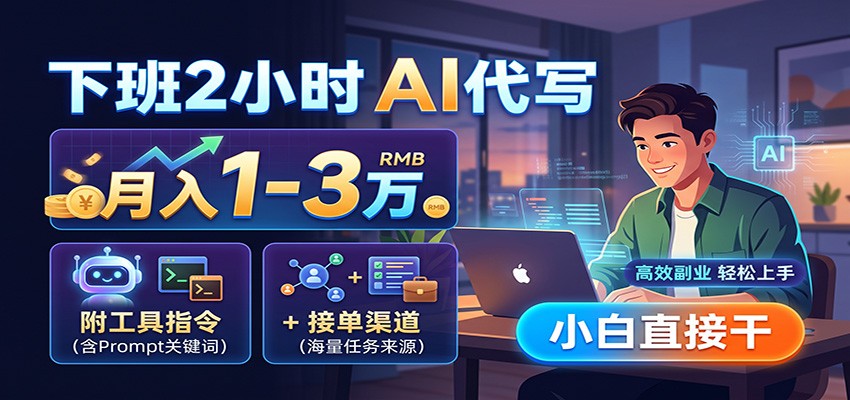 下班2小时AI代写，月入1-3万，附工具指令+接单渠道，小白直接干|一人科技OPC聚合软件