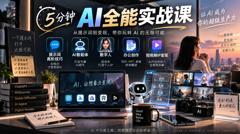 5分钟AI全能实战课｜提示词高阶技巧+AI智能体+数字人+办公创作+短视频IP变现全教程|一人科技OPC聚合软件