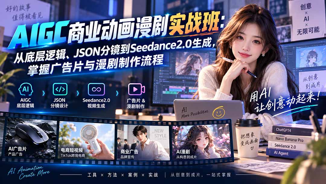 AIGC商业动画漫剧实战班-更新：从底层逻辑、JSON分镜到Seedance2.0生成，掌握广告片与漫剧制作流程|一人科技OPC聚合软件