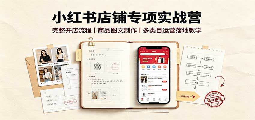 小红书店铺专项实战营：完整开店流程，商品图文制作，多类目运营落地教学|一人科技OPC聚合软件