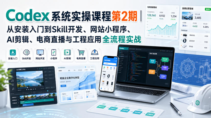 Codex系统实操课程第2期｜从安装入门到Skill开发、网站小程序、AI剪辑、电商直播与工程应用全流程实战|一人科技OPC聚合软件