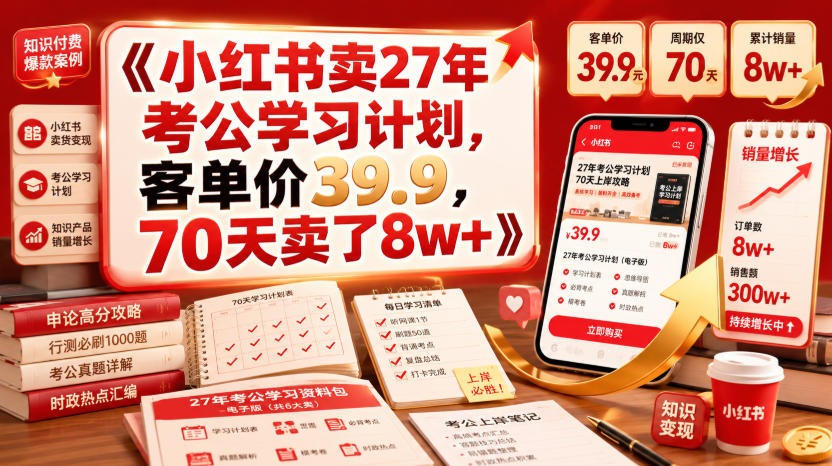 小红书卖27年考公学习计划，客单价39.9，70天卖了8w+！|一人科技OPC聚合软件
