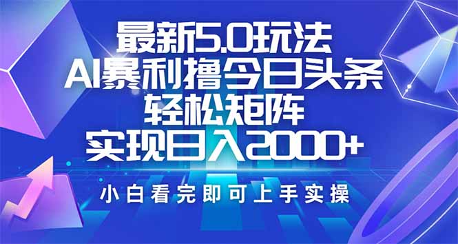 今日头条最新5.0玩法，思路简单，复制粘贴，轻松实现矩阵日入2000+|HOOK协议网