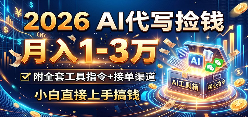 2026 AI代写捡钱，月入1-3万，附全套工具指令+接单渠道，小白直接上手搞钱|一人科技OPC聚合软件