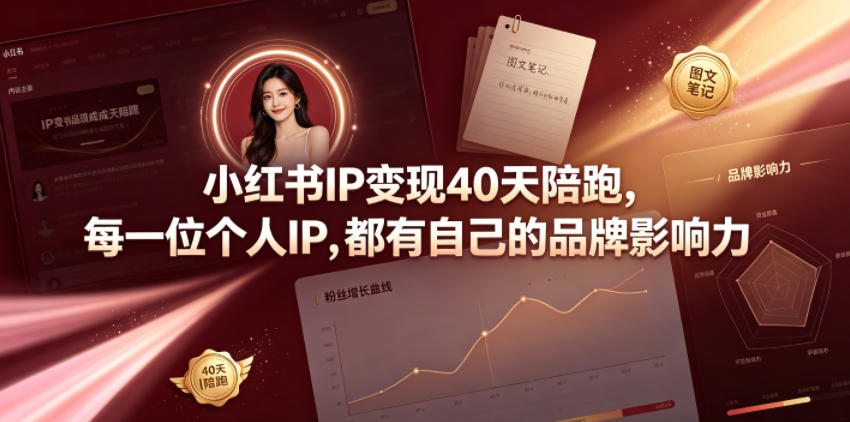 小红书IP变现40天陪跑，每一位个人IP，都有自己的品牌影响力|一人科技OPC聚合软件