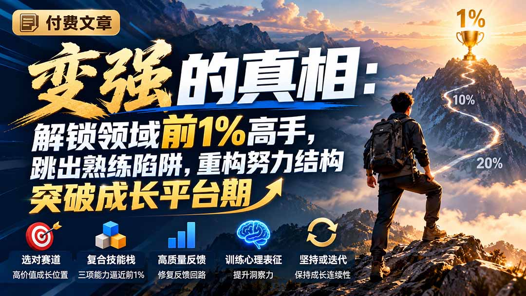 付费文章：变强的真相：解锁领域前1%高手，跳出熟练陷阱，重构努力结构突破成长平台期|一人科技OPC聚合软件