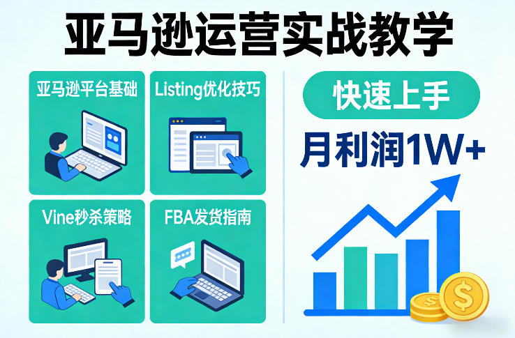 亚马逊运营实战教学，亚马逊平台+Listing优化+Vine秒杀+FBA发货等，快速上手，实现店铺月利润1W|协议软件打粉软件