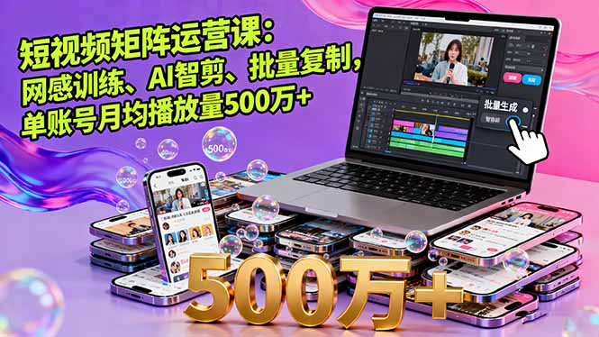 短视频矩阵运营课：网感训练、AI智剪、批量复制，单账号月均播放量500万+|HOOK协议网