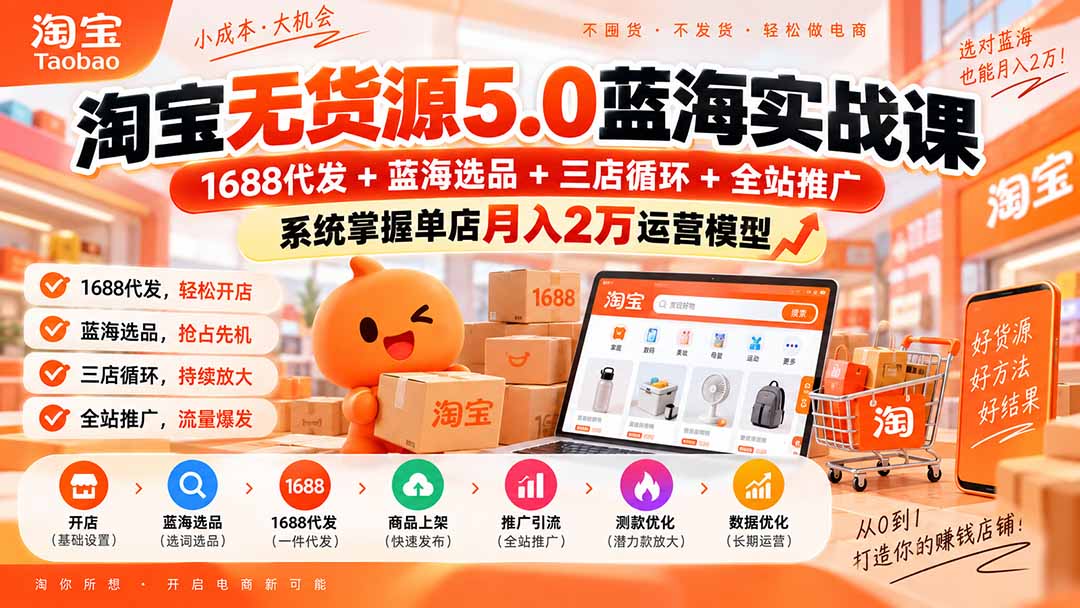 淘宝无货源5.0蓝海实战课-更新0927：1688代发+蓝海选品+三店循环+全站推广，系统掌握单店月入2万运营模型|一人科技OPC聚合软件