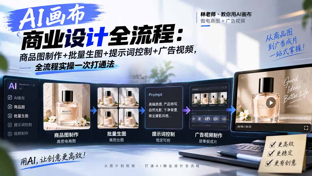 AI画布商业设计全流程：商品图制作+批量生图+提示词控制+广告视频，全流程实操一次打通法|一人科技OPC聚合软件