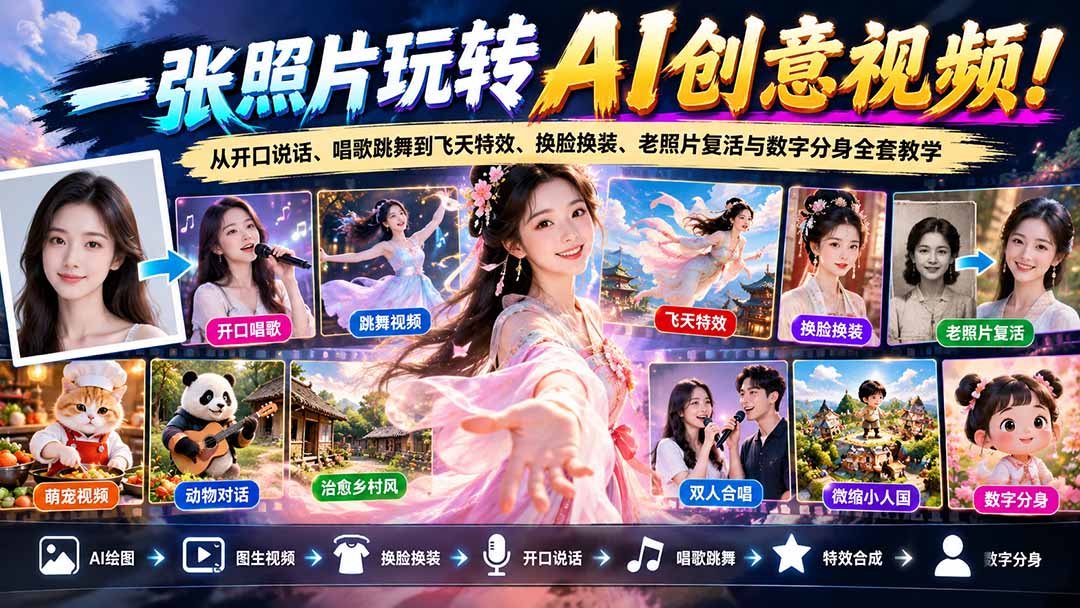 一张照片玩转AI创意视频！从开口说话、唱歌跳舞到飞天特效、换脸换装、老照片复活与数字分身全套教学|一人科技OPC聚合软件