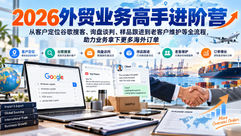 2026外贸业务高手进阶营，从客户定位谷歌搜客、询盘谈判、样品跟进到老客户维护等全流程，助力业务拿下更多海外订单|一人科技OPC聚合软件