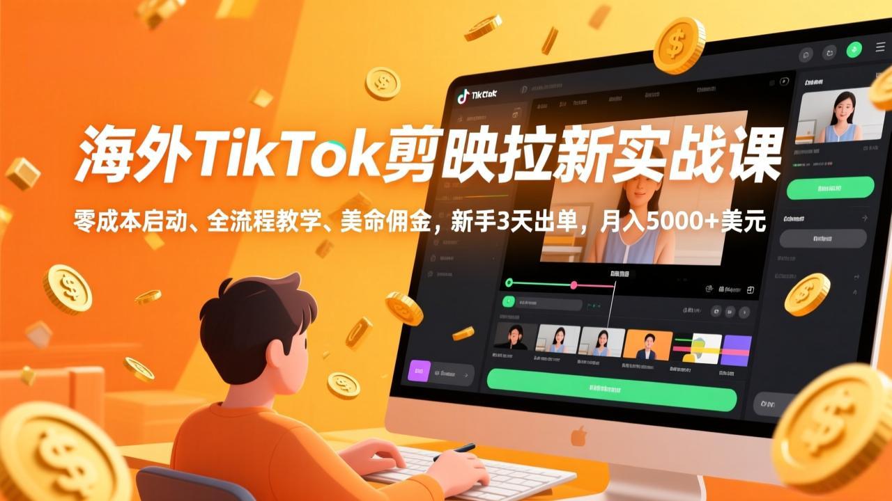 海外TikTok剪映拉新实战课，零成本启动、全流程教学、美金佣金，新手3天出单，月入5000+美元|协议软件打粉软件