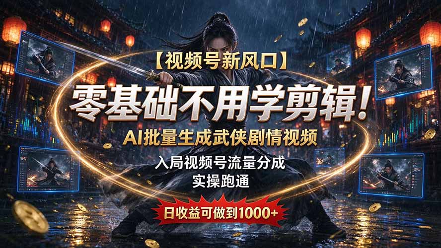 【视频号新风口】零基础不用学剪辑！AI 批量生成武侠剧情视频，入局视频号流量分成，实操跑通，日收益可做到 1000+|一人科技OPC聚合软件