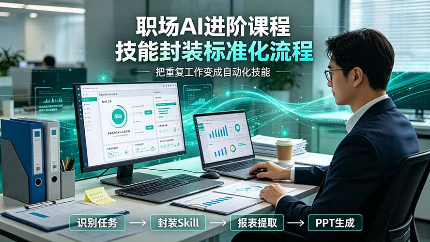 职场AI进阶课程；多类实用Skill工具实操，专属技能封装标准化流程，报表行业报告一键提取核心内容|一人科技OPC聚合软件
