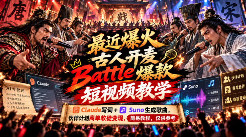 最近爆火古人开麦Battle爆款短视频教学，Claude写词+Suno生成歌曲，伙伴计划商单收徒变现，简易教程，仅供参考|一人科技OPC聚合软件