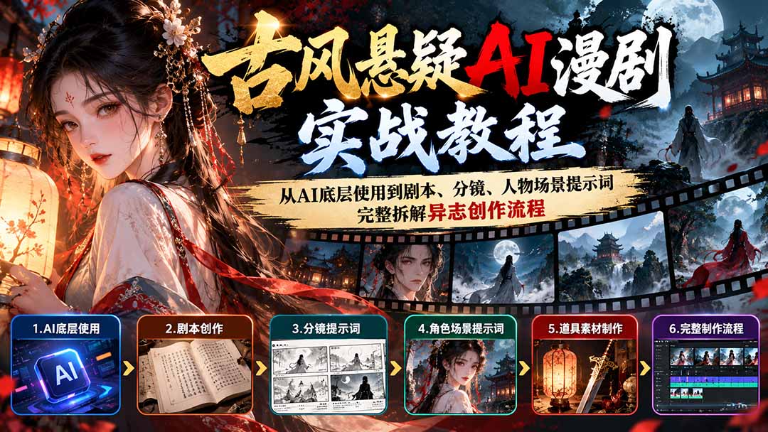 古风悬疑AI漫剧实战教程：从AI底层使用到剧本、分镜、人物场景提示词，完整拆解异志创作流程|一人科技OPC聚合软件