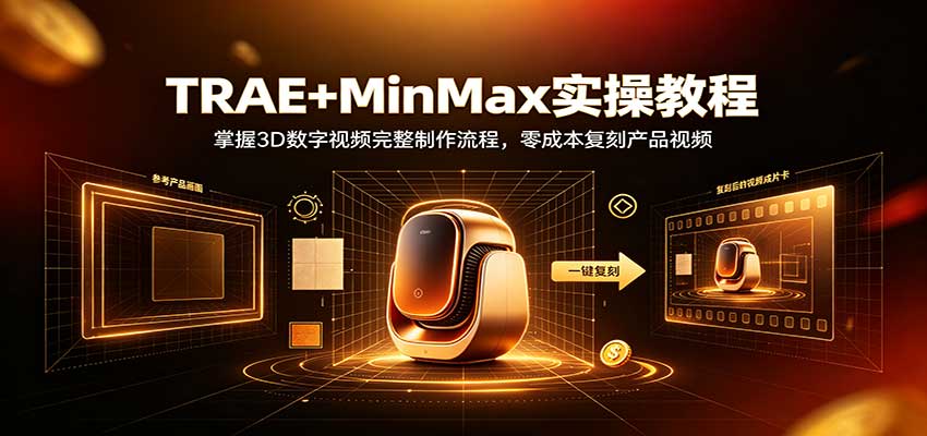 TRAE+MinMax实操教程：3D数字视频完整制作流程，零成本复刻产品视频|一人科技OPC聚合软件