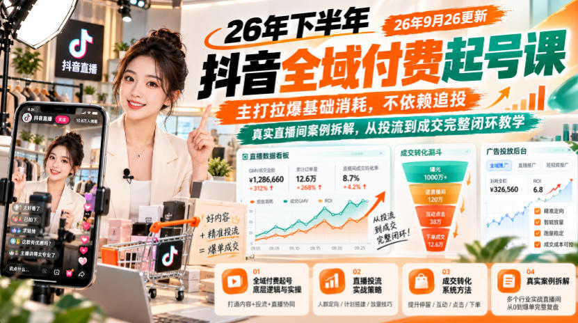 26年下半年抖音全域付费起号课26年9月26更新，主打拉爆基础消耗，不依赖追投，真实直播间案例拆解，从投流到成交完整闭环教学|一人科技OPC聚合软件