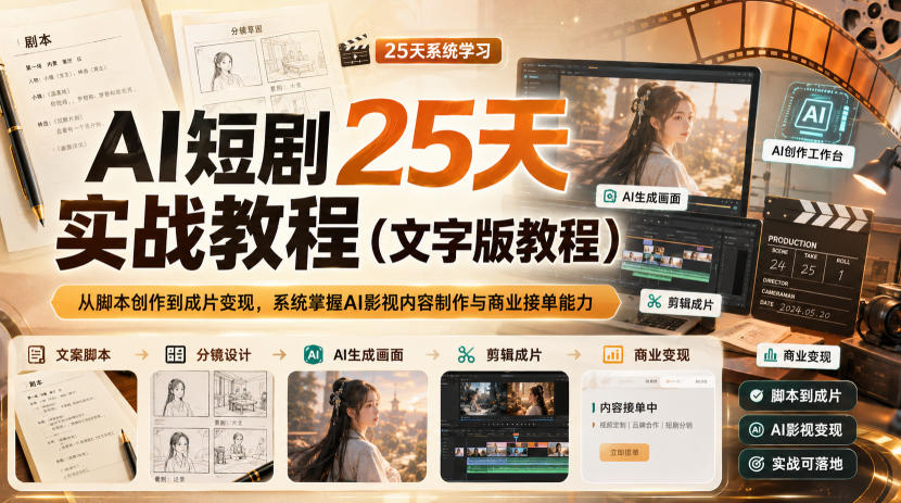AI短剧25天实战教程(文字版教程)，从脚本创作到成片变现，系统掌握AI影视内容制作与商业接单能力|一人科技OPC聚合软件
