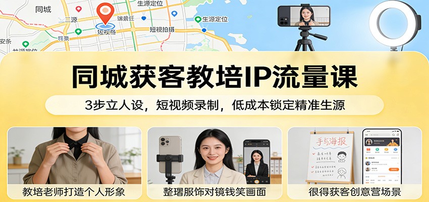 同城获客教培IP流量课：3步立人设，短视频录制，低成本锁定精准生源|协议软件打粉软件